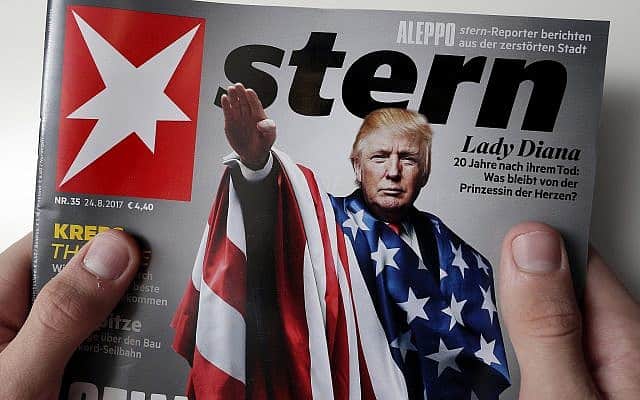איור של טראמפ כנאצי על שער מגזין בברלין, 2017 (צילום: AP Photo/Michael Sohn)