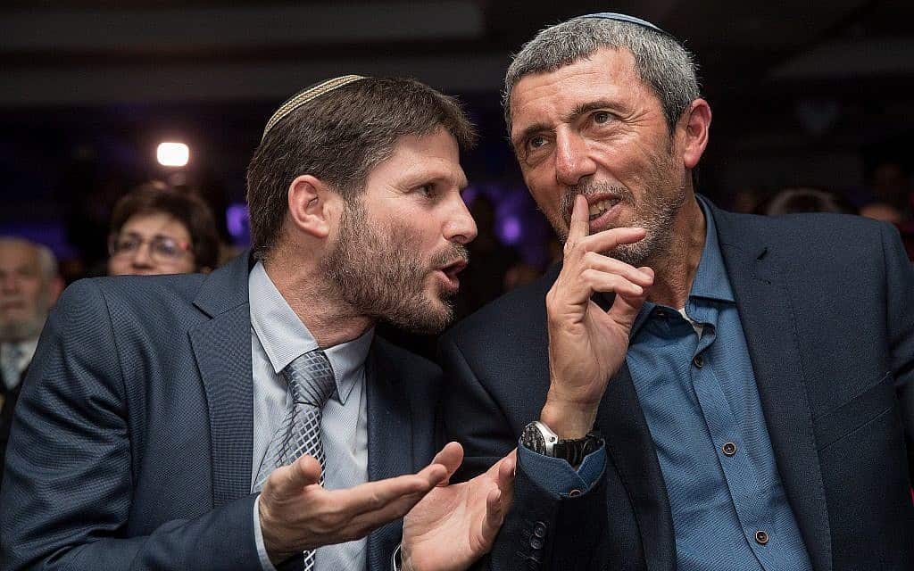 רפי פרץ ובצלאל סמוטריץ׳ מאיחוד מפלגות הימין, ב-11 במרץ 2019 (צילום: יונתן סינדל/פלאש90)