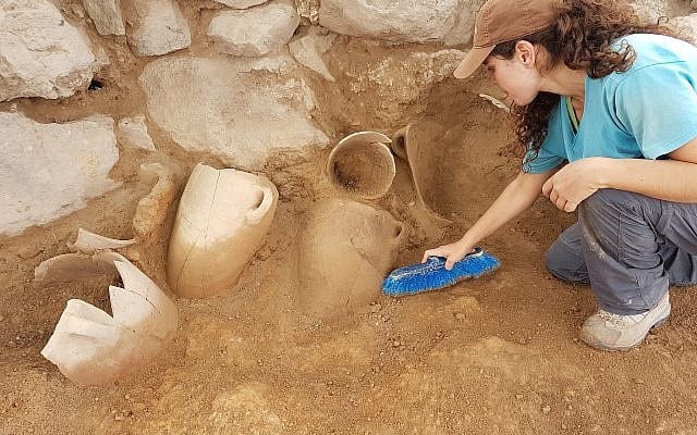 מתנדבת חופרת כדי חרס בחירבת א-רעי, אשר ארכאולוגים זיהו בתור ציקלג (צילום: משלחת החפירות בחירבת א-רעי)
