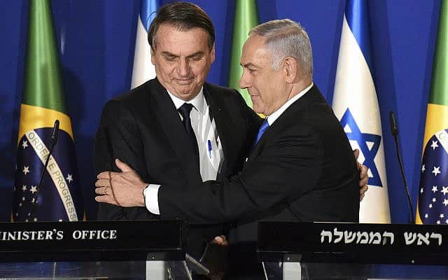 בנימין נתניהו וז'איר בולסונארו בעת ביקור נשיא ברזיל בירושלים, ב-31 במרץ 2019 (צילום: Debbie Hill/Pool via AP)