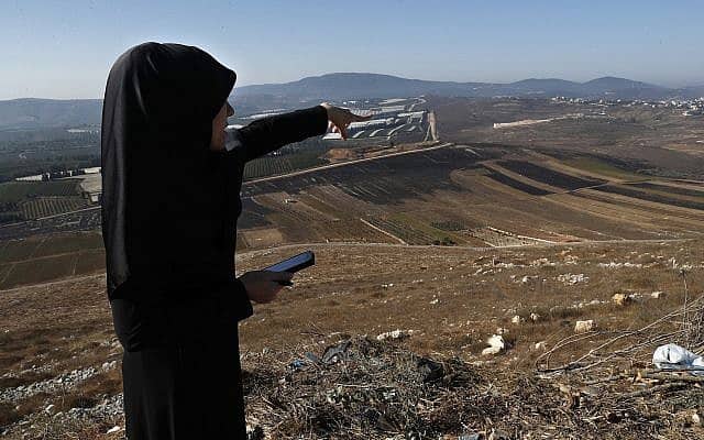 אישה לבנונית מצביעה על שדות שנשרפו כתוצאה מירי מישראל, 2 בספטמבר 2019 (צילום: AP Photo/Hussein Malla)