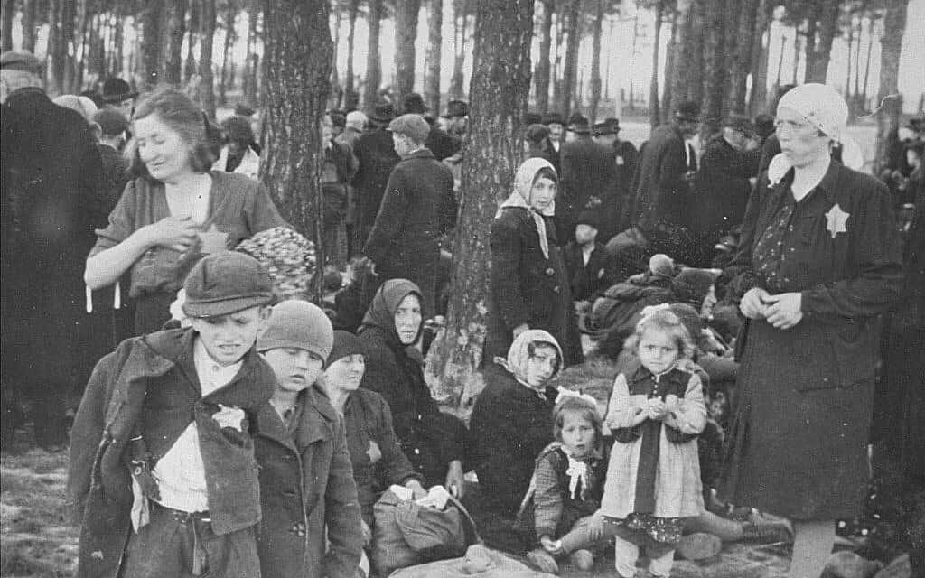 יהודים הונגרים ממתינים ל&quot;מקלחות&quot; בחורשה של אושוויץ-בירקנאו, מאי 1944, חלק מ&quot;אלבום אושוויץ&quot; (צילום: יד ושם)