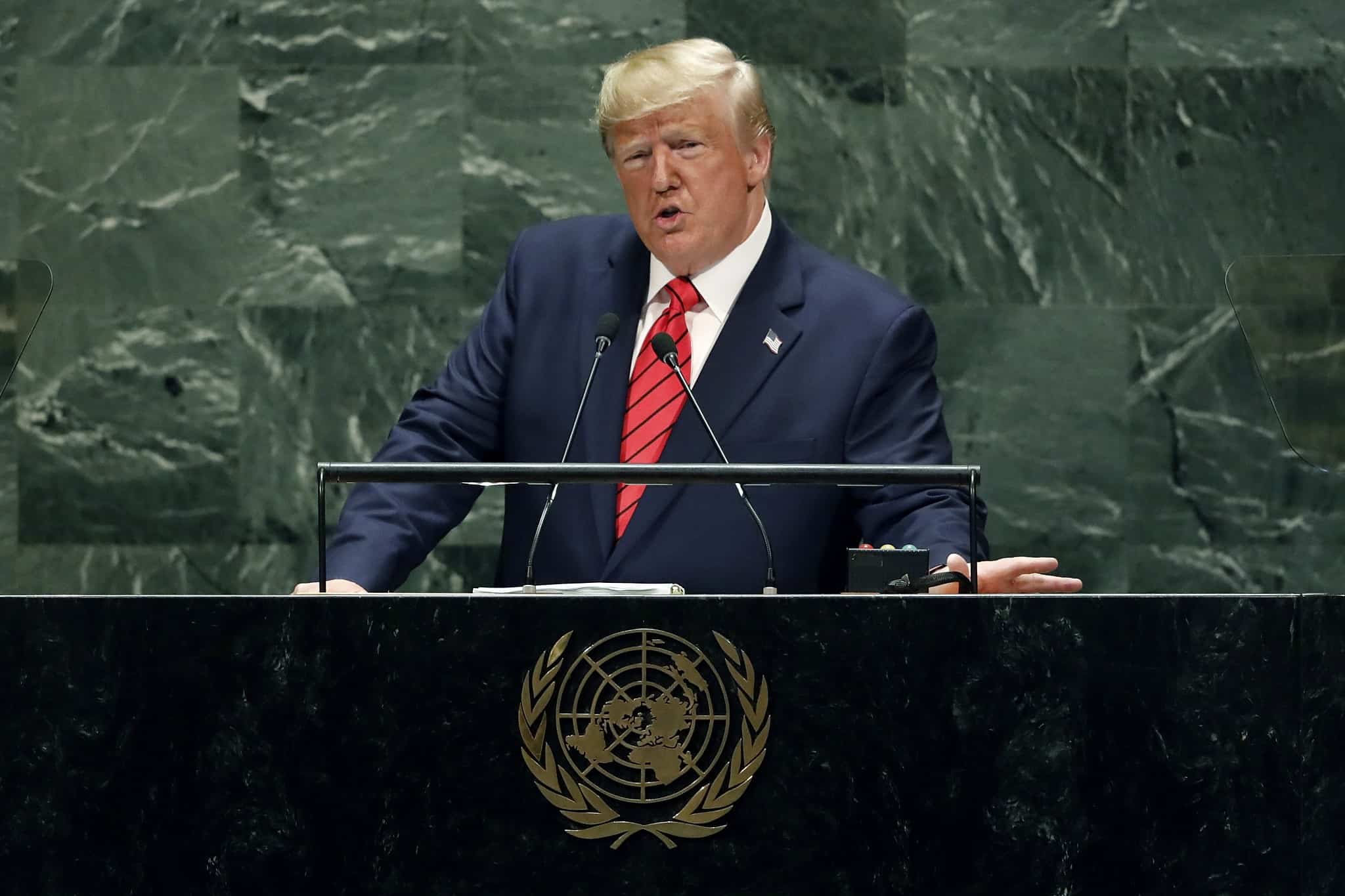 הנשיא טראמפ בעצרת האו&quot;ם (צילום: AP Photo/Richard Drew)