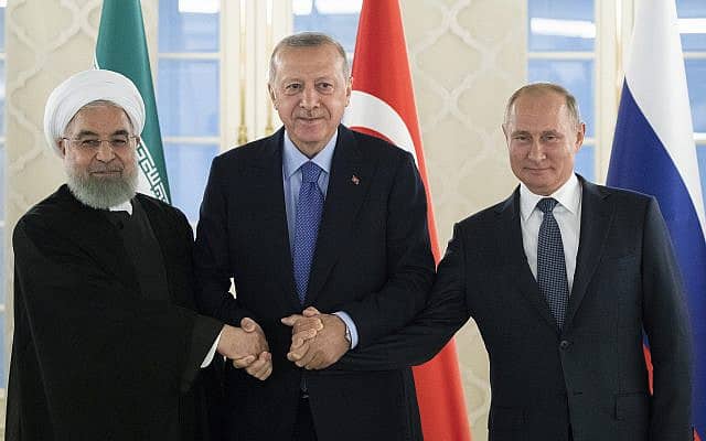נשיא רוסיה ולדימיר פוטין, נשיא טורקיה רג'פ טאיפ ארדואן ונשיא איראן חסן רוחאני &#8211; בפגישתם באנקרה, טורקיה, ב-16 בספטמבר 2019 (צילום: AP Photo/Pavel Golovkin)