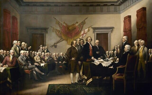 הציור של ג&#039;ון טרמבול מ-1819 מתאר את ועדת הניסוח של הצהרת העצמאות האמריקאית המציגה את עבודה לקונגרס (צילום: ויקיפדיה\ג&#039;ון טרומבול\נחלת הציבור)
