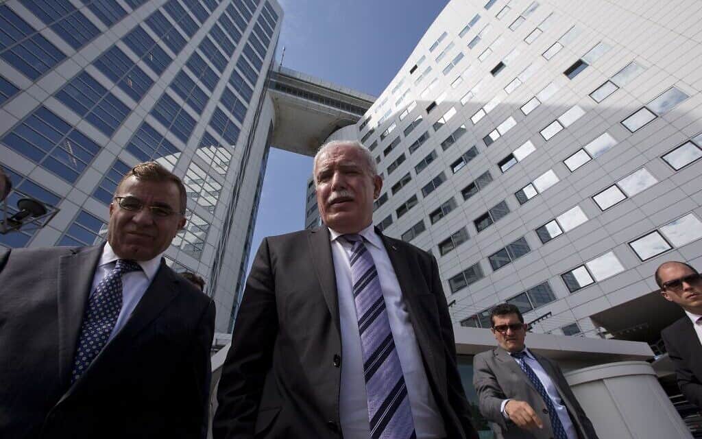שר החוץ של הרשות הפלסטינית ריאד אל מאלכי, (במרכז) בפתח בית המשפט הבינלאומי בהאג, הולנד. יוני 2015 (צילום: Ap/ פיטר דג'ונג)