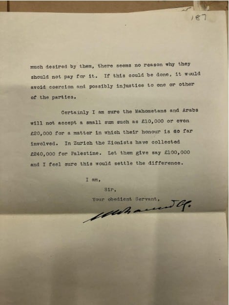 המכתב של הנסיך עלי באשא, 29 באוגוסט 1929 (צילום: הארכיון הבריטי הלאומי, לונדון; תמונה מאת מחבר הכתבה)