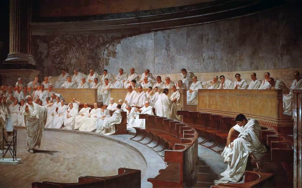 הסנאט הרומאי, קטע מפרסקו מהמאה ה-19 במשכן הסנאט ברומא (צילום: Cesare Maccari, ויקיפדיה)