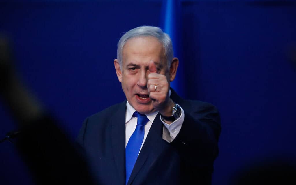 בנימין נתניהו בנאום הניצחון באקספו בתל אביב. 3 במרץ 2020 (צילום: Olivier Fitoussi/Flash90)