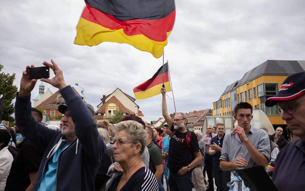 עצרת של מפלגת אלטרנטיבה לגרמניה לקראת הבחירות המחוזיות במדינת סקסוניה, בבאוצן, גרמניה, 15 באוגוסט 2019 (צילום: איי-פי/מרקוס שרייבר)