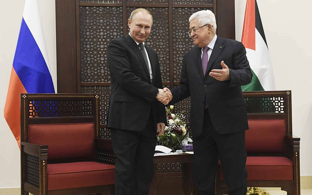 ראש הרשות הפלסטינית מחמוד עבאס (אבו מאזן) ונשיא רוסיה ולדימיר פוטין בבית לחם, 23 בינואר 2020 (צילום: Alexander Nemenov, Pool via AP)