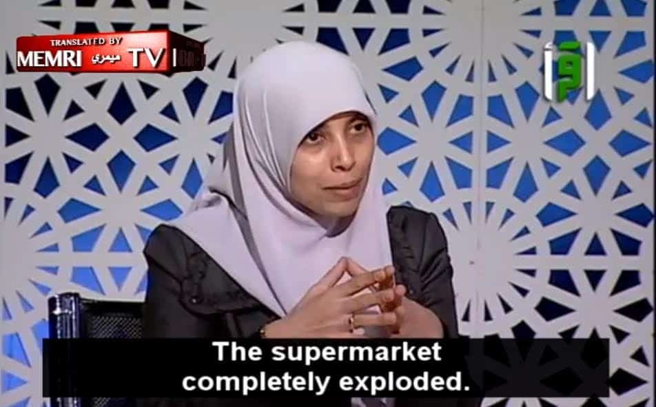 אחלאם תמימי בריאיון ב-2012, טוענת במרמה שפוצצה סופרמרקט במרתף של המשביר בירושלים (צילום: צילום מסך)