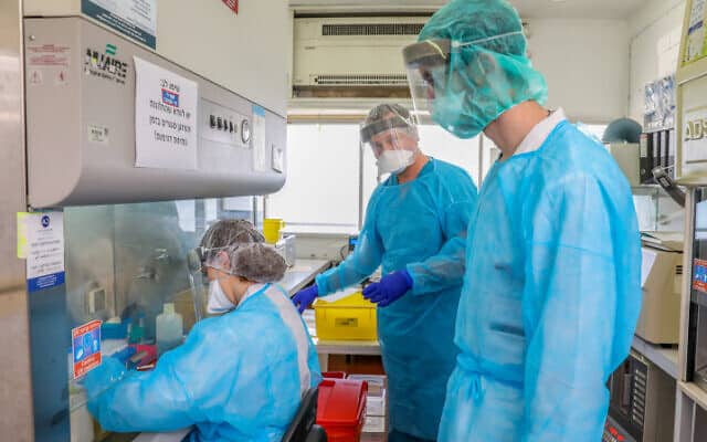 טכנאים בוחנים בדיקות קורונה במעבדה בבית החולים רמב&quot;ם בחיפה, 30 במרץ 2020 (צילום: יוסי אלוני, פלאש 90)