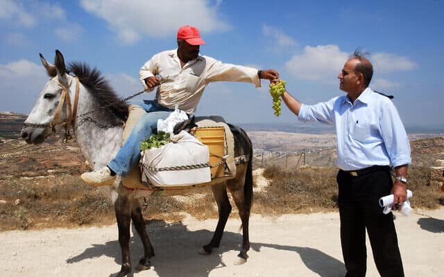 רן כהן עם פלאח פלסטיני במהלך סיור של &quot;שלום עכשיו&quot; בשטחים ב-11 באוגוסט 2004 (צילום: פלאש90)