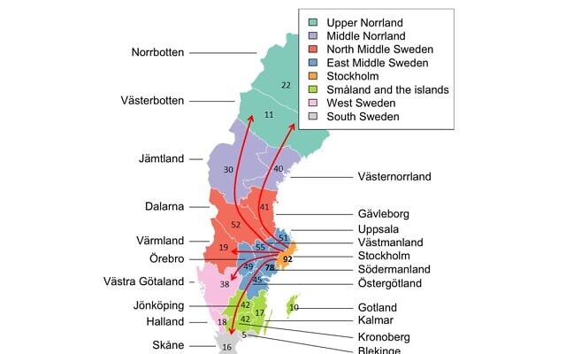 מפת תמותה מקורונה במחוזות בשבדיה (מקור הנתונים: אתר הסוכנות השוודית לבריאות הציבור, 15 ביוני)