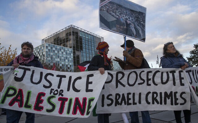 מפגינים נושאים שלטים מחוץ לבית הדין הפלילי הבינלאומי וקוראים לו להעמיד לדין את הצבא הישראלי באשמת פשעי מלחמה, בהאג, הולנד, יום שישי, 29 בנובמבר 2019 (צילום: AP/פיטר דיונג)