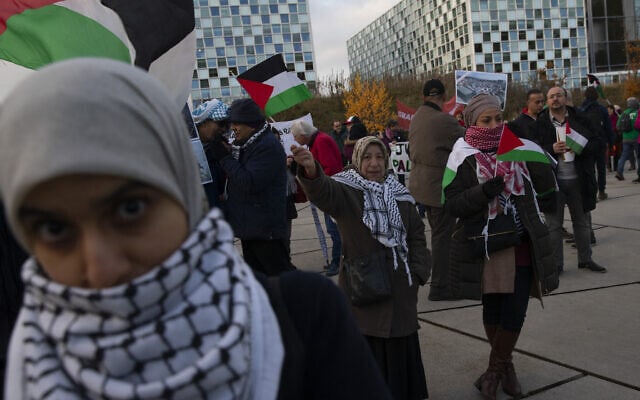 מפגינים נושאים כרזות ודגלי פלסטין מחוץ לבית הדין הפלילי הבינלאומי וקוראים לו להעמיד לדין את הצבא הישראלי באשמת פשעי מלחמה, האג, הולנד, 29 בנובמבר 2019 (צילום: AP/פיטר דיונג)