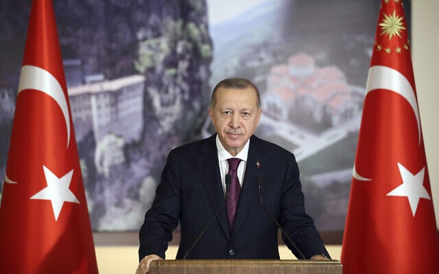 נשיא טורקיה ארדואן, יולי 2020 (צילום: Turkish Presidency via AP, Pool)