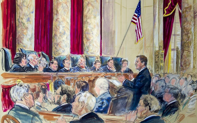 בית המשפט העליון בארצות הברית בעת הדיון על הכרה בנישואים חד-מיניים בכל מדינות ארה&quot;ב, ב-28 באפריל 2015 (צילום: AP Photo/Dana Verkouteren)