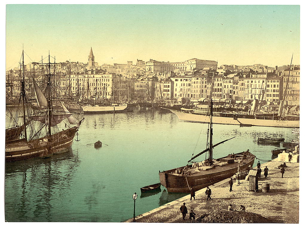 תמונה מעובדת של נמל מרסיי הישן כשברקע מלון Dieu, ששימש כבית חולים, סביבות 1890 (צילום: ספריית הקונגרס)