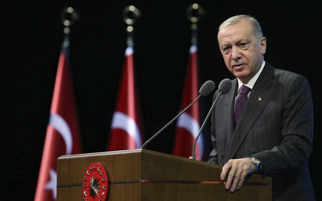 נשיא טורקיה, רג&#039;פ טאיפ ארדואן, אוקטובר 2020 (צילום: Turkish Presidency via AP, Pool)