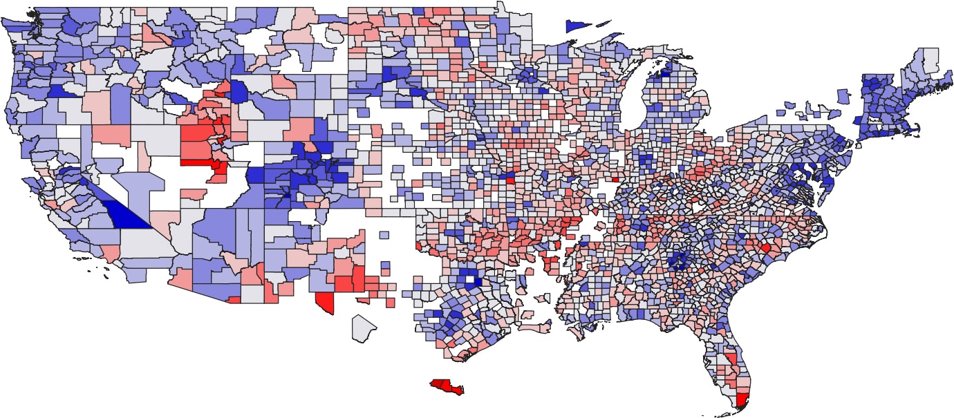 התזוזה של כל מחוז אמריקאי שמאלה או ימינה בין 2016 ל-2020