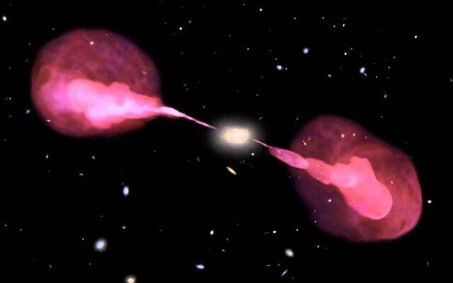 סילונים של מרכז גלקטי פעיל (הרקולס A) מייצרים ענני גז ענקיים משני צידי המרכז הגלקטי. הרקולס A גדולה פי 1000 מגלקסיית שביל החלב והחור השחור שבמרכזה מוערך כ-2.5 ביליון מסות שמש (צילום: Jens Maus)