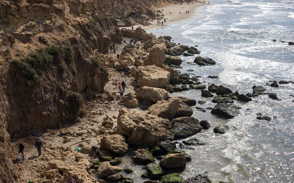 מתנדבים מנקה בחוף בעקבות דליפת הנפט שגרמה לזיהום בחופי הארץ, 20 בפברואר 2021 (צילום: AP Photo/Ariel Schalit)