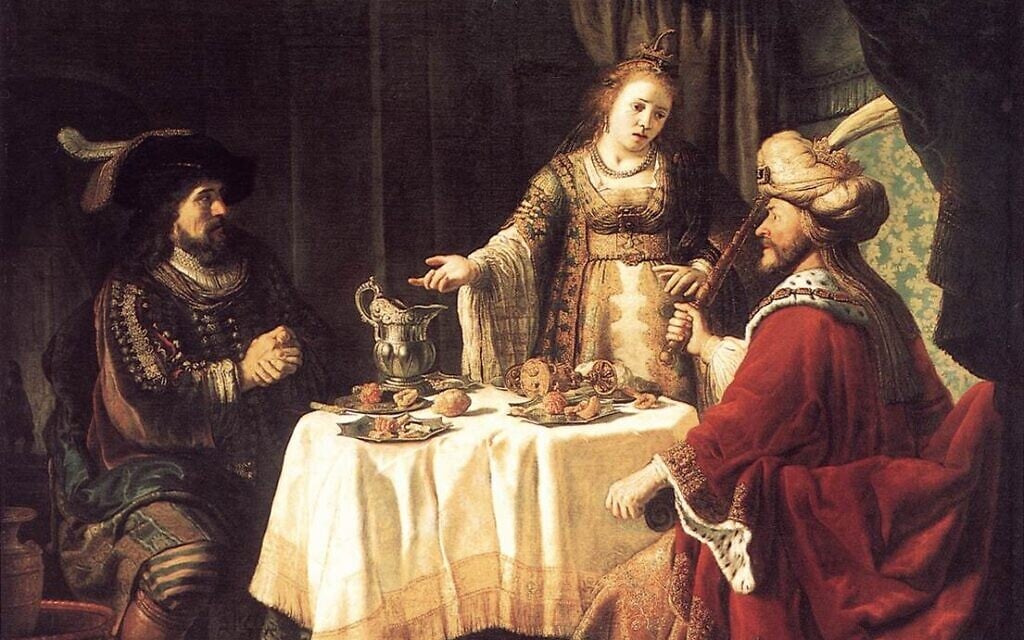 אסתר עם אחשוורוש והמן. ציור: יאן ויקטורס, 1640