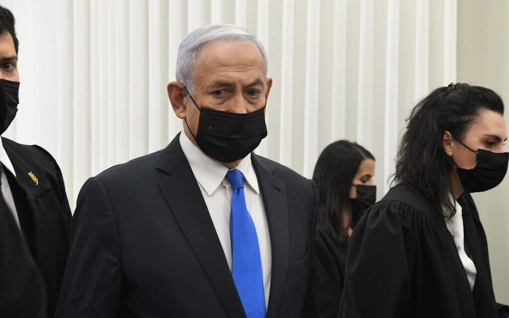 בנימין נתניהו בבית המשפט המחוזי בירושלים, 8 בפברואר 2021 (צילום: ראובן קסטרו/פול)