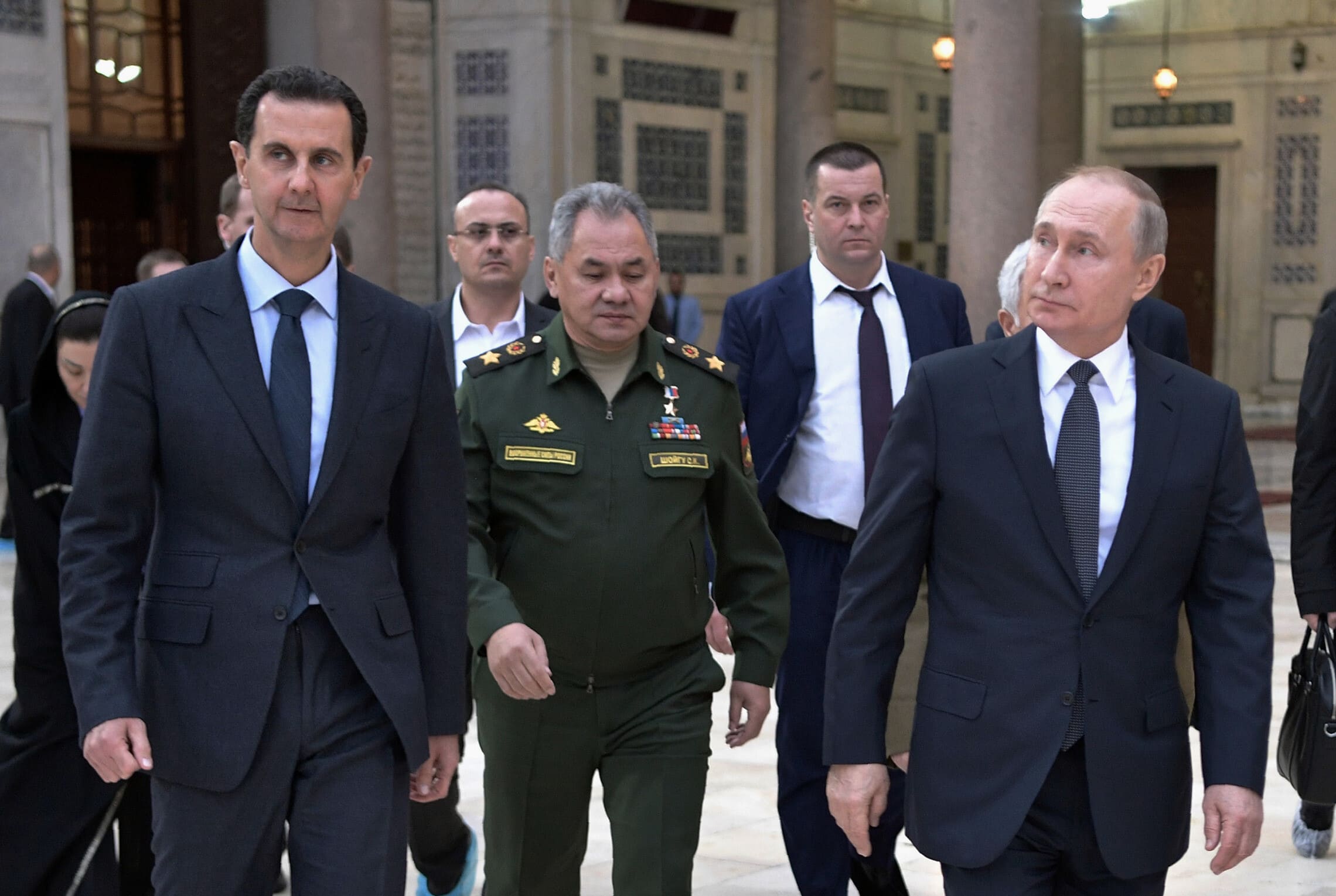 נשיא רוסיה ולדימיר פוטין, מימין, עם נשיא סוריה בשאר אל-אסד, משמאל, בדמשק. 7 בינואר 2020 (צילום: Alexei Nikolsky/Sputnik, Kremlin Pool Photo via AP)