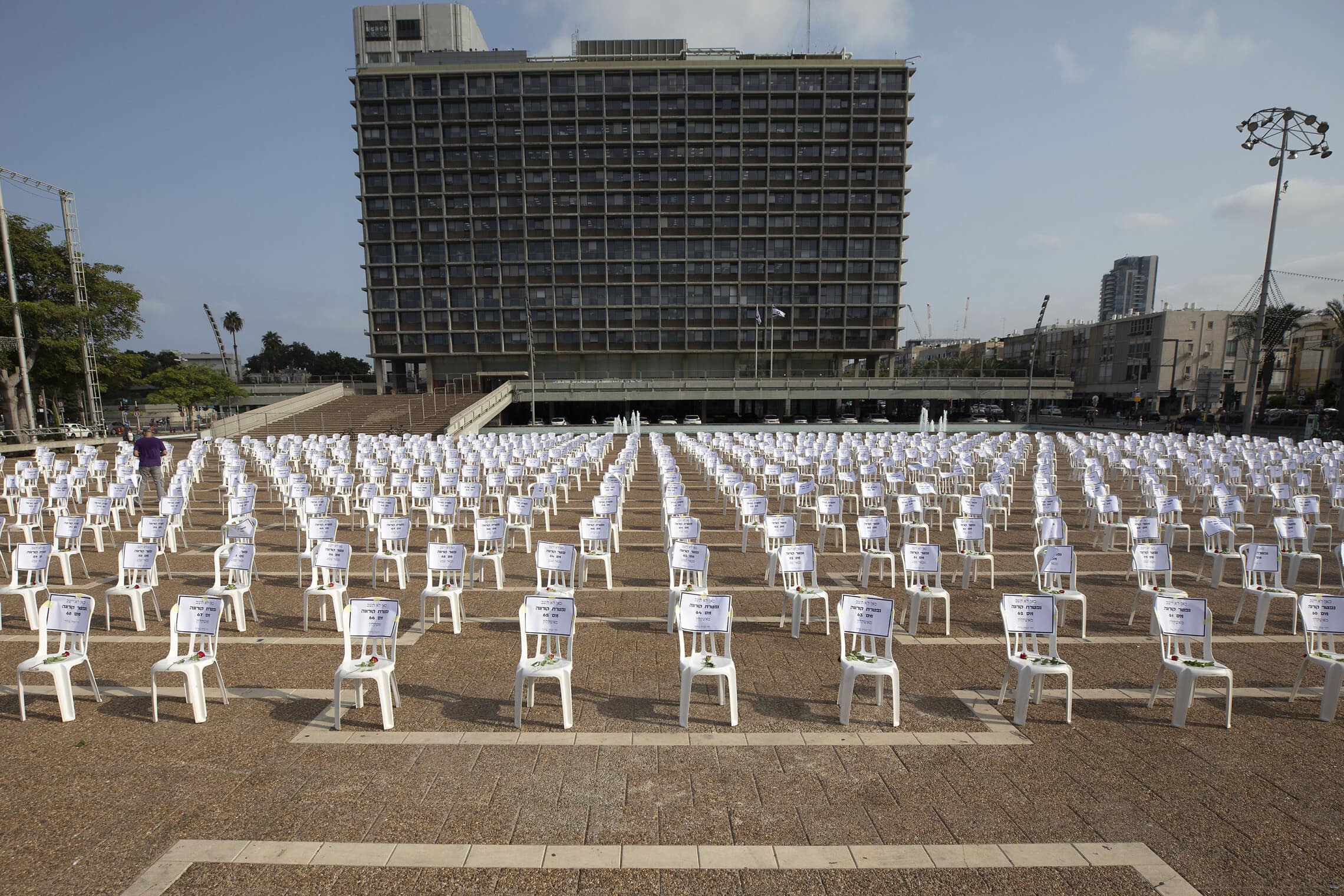מיצג בכיכר רבין בתל אביב: אלף כיסאות לזכר אלף המתים מקורונה נכון ל-7 בספטמבר 2020 (צילום: AP Photo/Sebastian Scheiner)