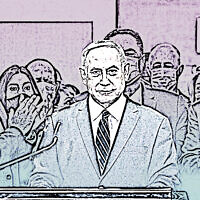 בנימין נתניהו מוקף בשרי הליכוד בבית המשפט המחוזי בירושלים, ביום פתיחת משפטו הפלילי. 24 במאי 2021 (צילום: יונתן זינדל/פלאש90, עיבוד מחשב)