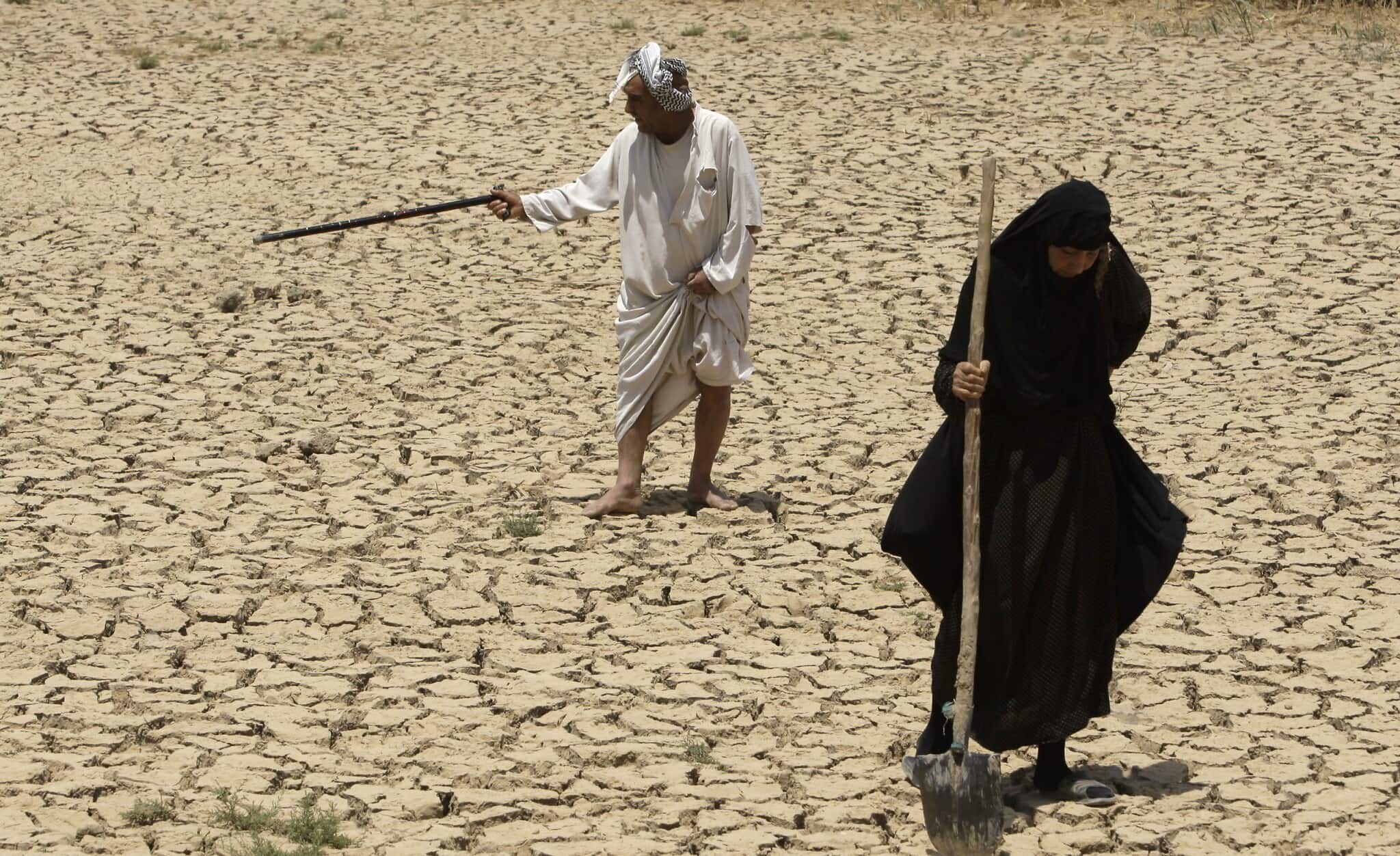 בעל ואישה בודקים את אדמותיהם הצחיחות בגלל הבצורת דרומית לבגדד, עיראק, ביולי 2009 (צילום: AP Photo/Hadi Mizban)