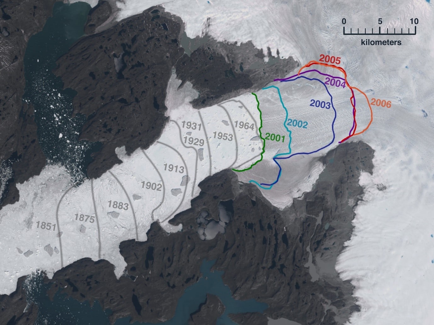 השינויים בחזית הקרחון בין השנים 1851-2006. נסיגה בחזית הקרחון כ-50 קמ