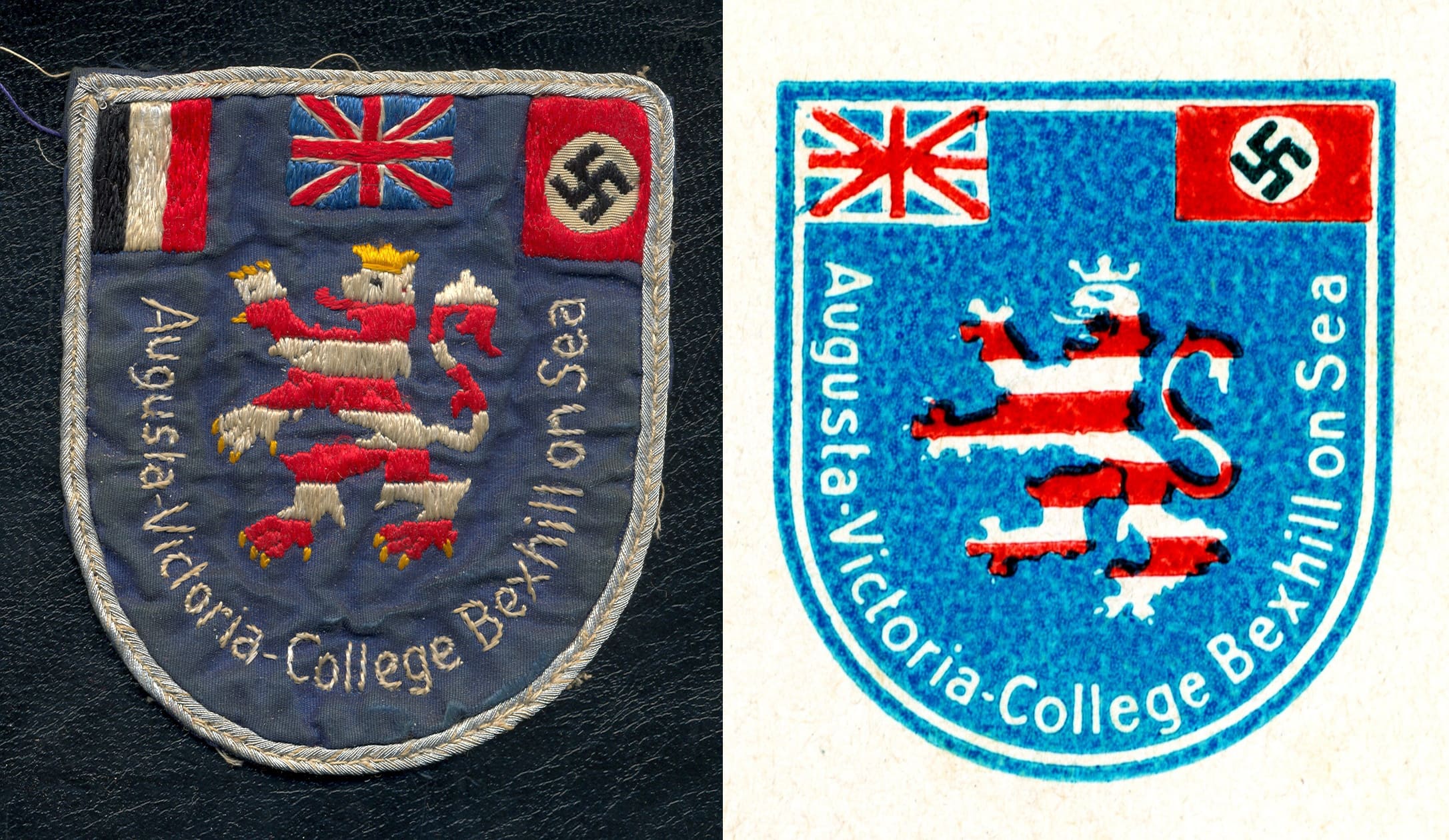בצד שמאל: סמל אוגוסט ויקטוריה לפני 1935. מימין: הסמל אחרי 1935, ללא הדגל של גרמניה (צילום: באדיבות מוזיאון בקסהיל)