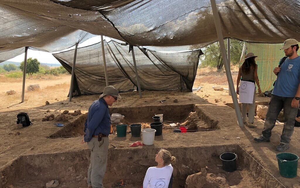 הארכאולוג אהרון מאיר (משמאל) מפקח על הריסת שכבת 830 לפנה&quot;ס באתר החפירות תל צפית/ גת, יולי 2018 (צילום: אמנדה בורשל-דן)