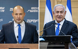 בנימין נתניהו במסיבת העיתונאים, ונפתלי בנט בהצהרה בשידור חי. 21 באפריל 2021 (צילום: יונתן זינדל/פלאש90, מונטז') בנימין נתניהו במסיבת העיתונאים, ונפתלי בנט בהצהרה בשידור חי. 21 באפריל 2021 (צילום: יונתן זינדל/פלאש90, מונטז')