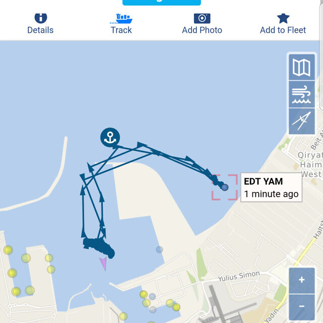 מסלול האונייה edt yam, מנמל המפרץ לחוף קריית חיים, 25 באפריל 2021 (צילום: הפורום הישראלי לשמירה על החופים)