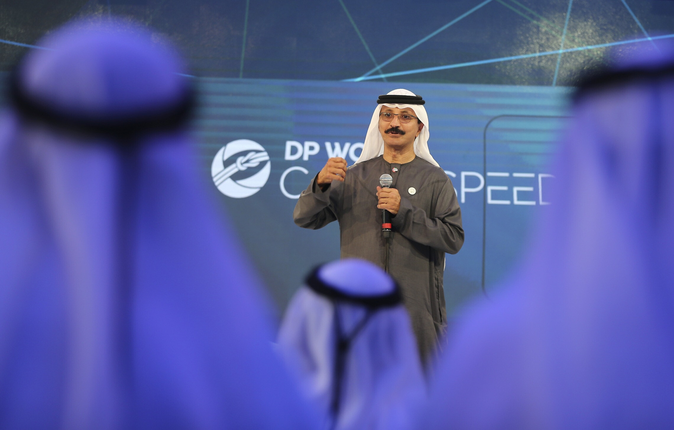 היו&quot;ר והמנכ&quot;ל של DP World, סולטן אחמד בן סוליאם במצגת בדובאי, איחוד האמירויות המאוחדות, 29 באפריל, 2018 (צילום: AP Photo/Kamran Jebreili)