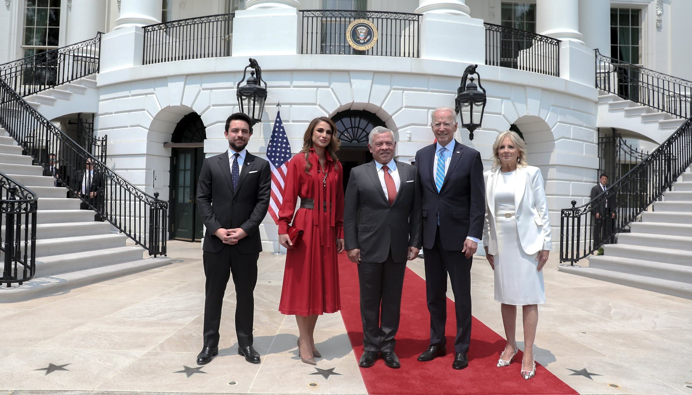 מימין: ג&#039;יל ביידן, ג&#039;ו ביידן, המלך עבדאללה, המלכה ראניה והנסיך חוסיין, 19 ביולי 2021 (צילום: ארמון מלך ירדן)