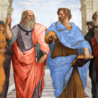 אפלטון וסוקרטס ב"אקדמיה האפלטונית" שנוסדה באתונה על ידי הפילוסוף אפלטון ב-385 לפנה"ס, פרט מפרסקו של רפאל, ויקיפדיה,Stanza della Segnatura, Palazzi Pontifici, Vatican