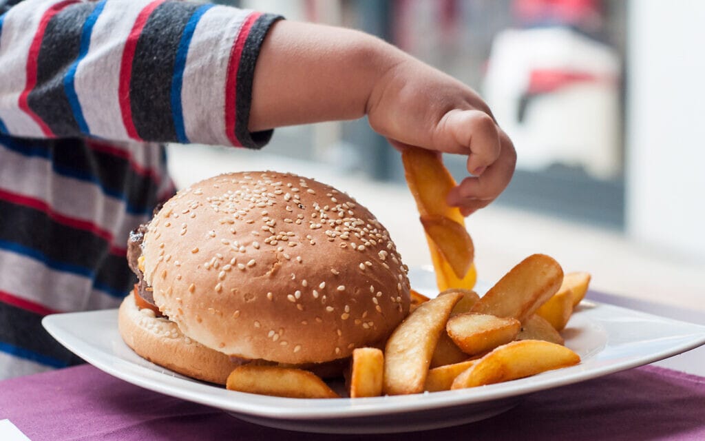 ילד אוכל המבורגר וצ&#039;יפס. אילוסטרציה (צילום: iStock)