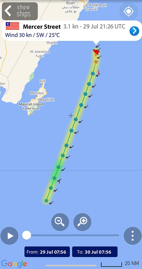 מסלול המכלית Mercer Street ב-24 שעות עד שנפגעה מול חופי עומאן ב-30 ביולי 2021