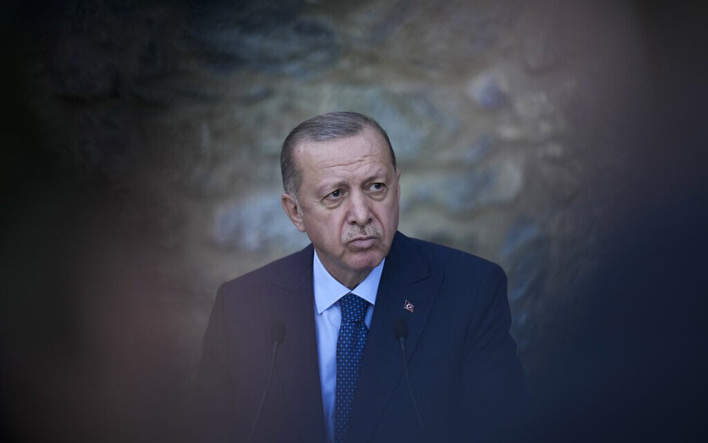 נשיא טורקיה רג'פ טאיפ ארדואן במסיבת עיתונאים בארמון הנשיאות באיסטנבול, 6 באוקטובר 2021 (צילום: Francisco Seco, AP)