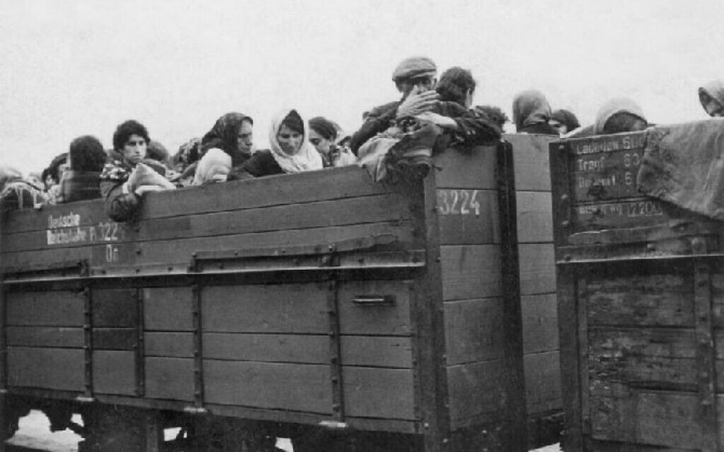 יהודים בדרכם מקולו למחנה ההשמדה בחלמנו, בקרונות רכבת למסילות צרות (צילום: רשות הציבור)
