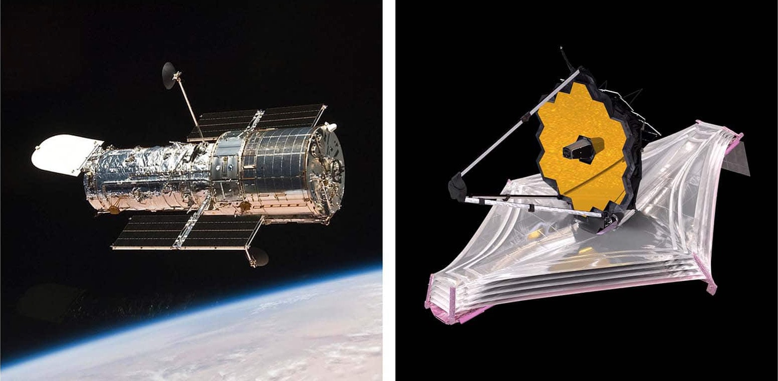משמאל, טלסקופ החלל האבל חג סביב כדור הארץ; מימין, הדמיה של טלסקופ החלל ג&#039;יימס וב (צילום: נאס&quot;א, באמצעות AP)
