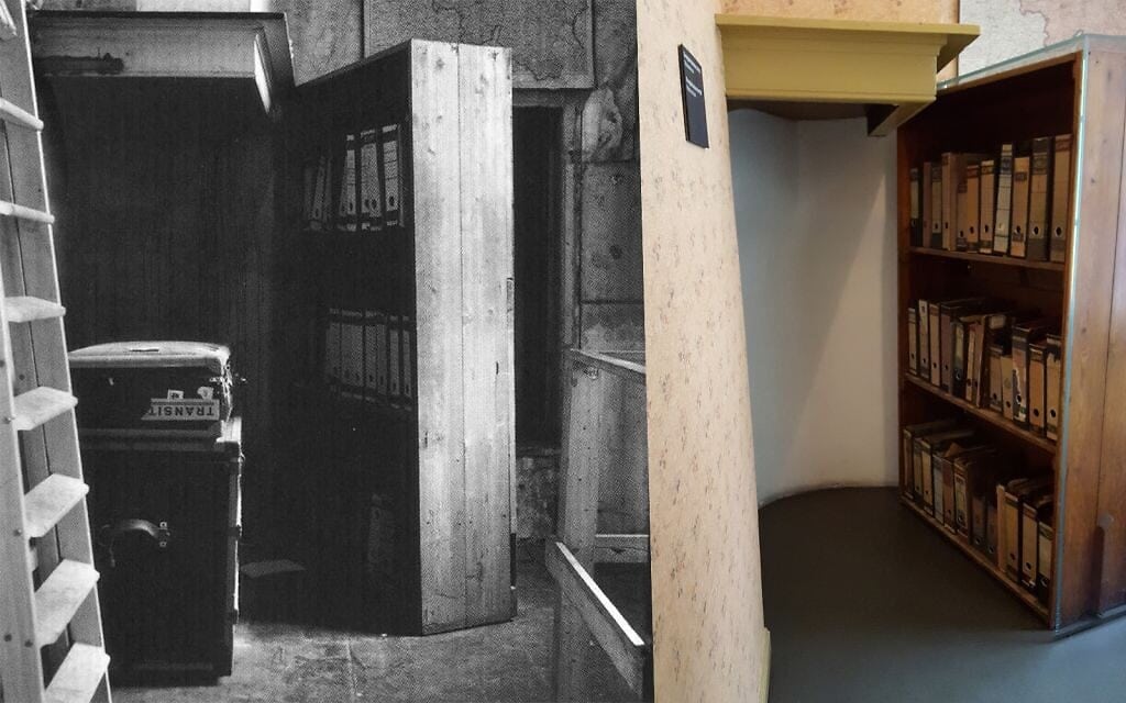 ארון הספרים הנפתח (משמאל בשנות החמישים) בבית אנה פרנק באמסטרדם, הולנד, שמאחוריו הסתתרו אנה פרנק ושבעה יהודים נוספים מפני הנאצים (צילום: מאט ליבוביץ&#039;)