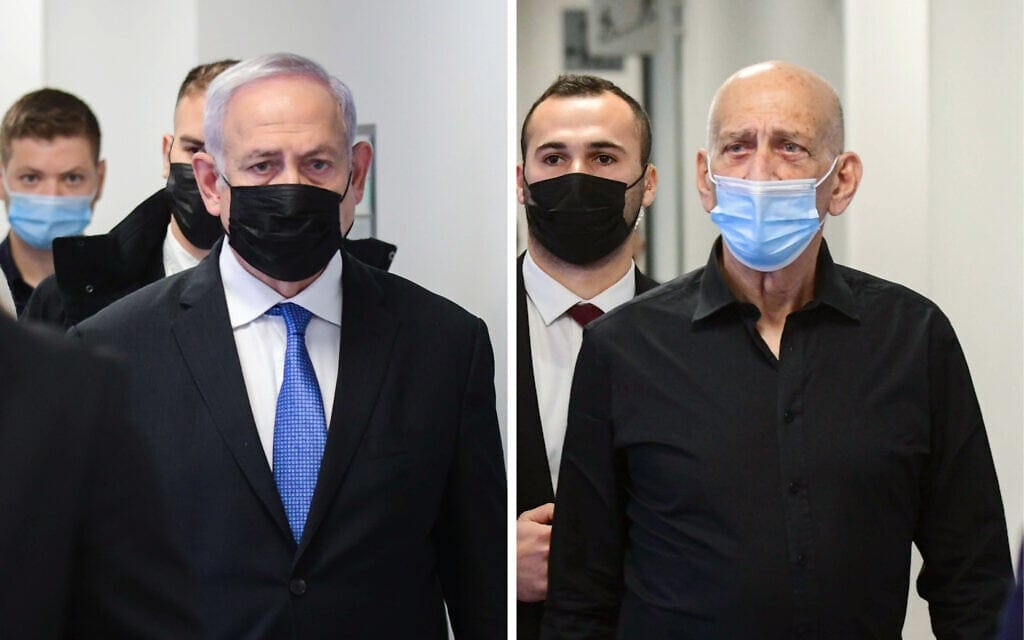 אהוד אולמרט, בנימין נתניהו בבית משפט השלום בתל אביב, 10 בינואר 2022 (צילום: אבשלום ששוני/פלאש90, מונטז')