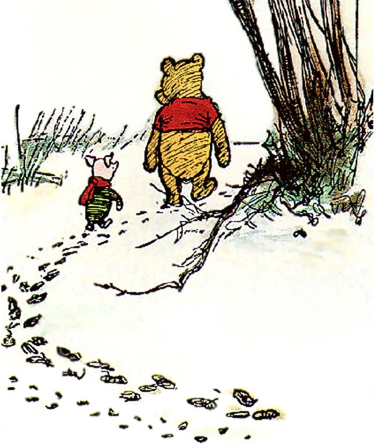 פו הדוב וחזרזיר צועדים בשלג באיור המקורי של ארנסט ה&#039; שפרד